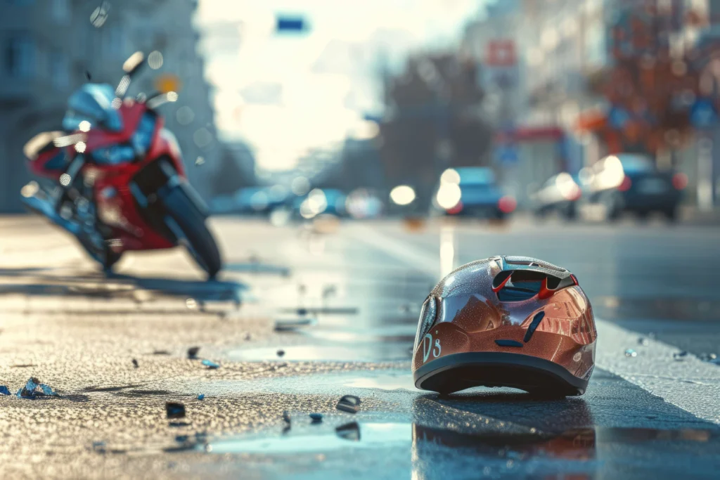 Imagen de una foto de fondo en una calle desenfocada. En primer plano, un casco y trozos de piezas del accidente.