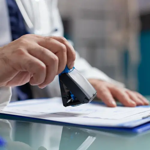 Mano de un médico estampando un sello sobre documentos clínicos.